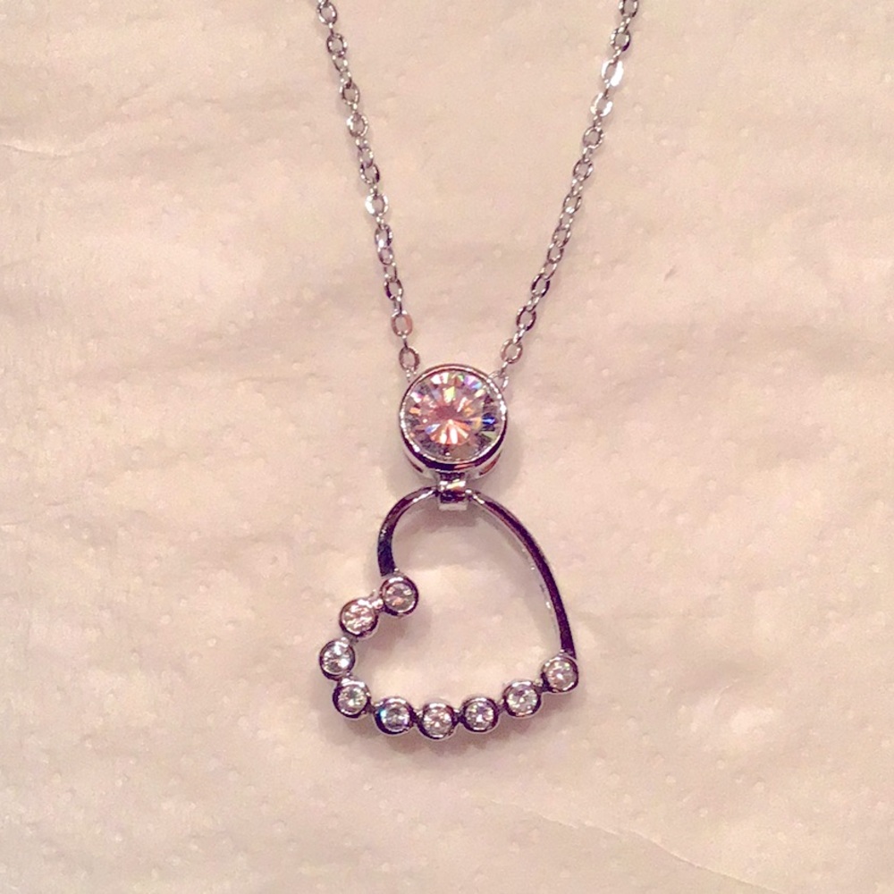 New Drop Dangle Heart Necklace Silver tone Clear CZ’S  18”L w/ 2”extender